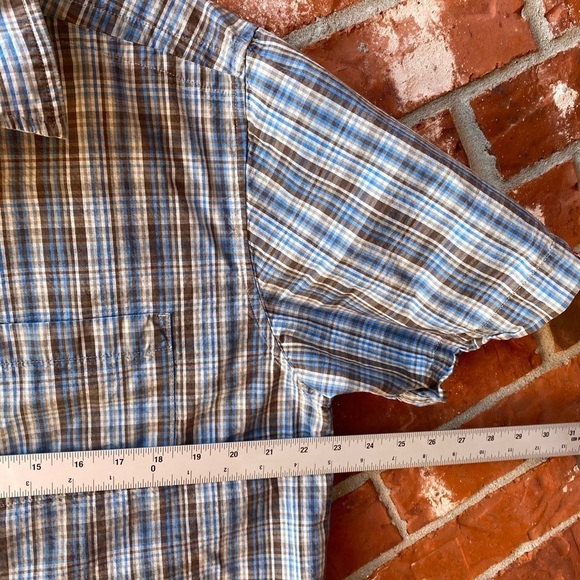 The North Face Mens Large Brown Blue Plaid Collar Button Down Short Sleeve Shirt - Picture 7 of 9